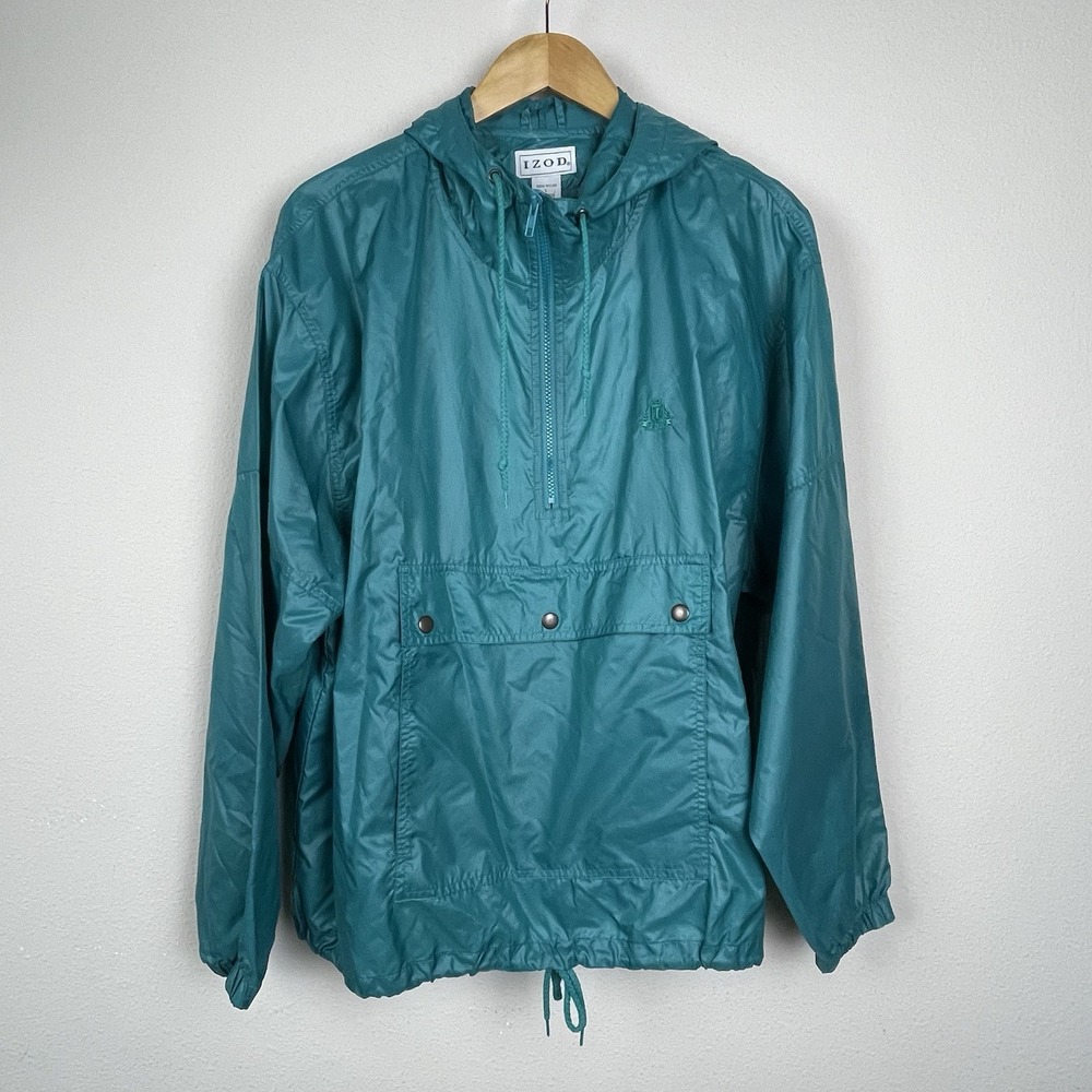 Vintage IZOD 1/4 Zip Hooded Windbreaker Size L‎ Green Nylon Pullover Rain Jacket